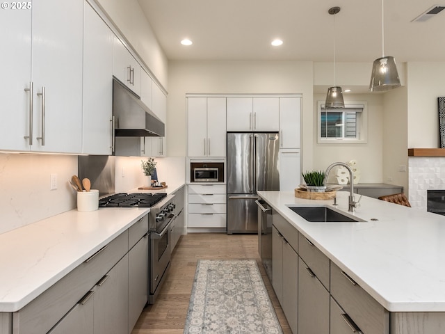 3770 NE 7th Ave, Portland, OR 97212 - kitchen with high end appliances, under cabinet range hood, a sink, light wood finished floors, and recessed lighting