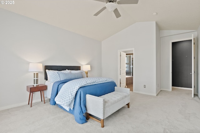 carpeted bedroom featuring vaulted ceiling, baseboards, and ceiling fan