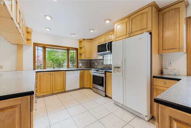 3400 SW 110th Ave, Beaverton, OR 97005 - kitchen featuring tasteful backsplash, open shelves, a sink, stainless steel appliances, and light tile patterned flooring