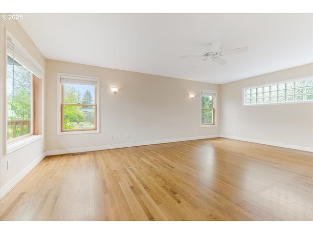 empty room featuring baseboards, visible vents, ceiling fan, and light wood-style floors