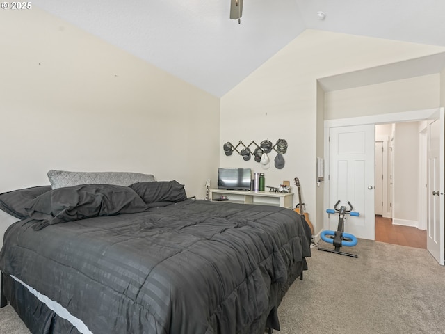 924 Park St, Sweet Home, OR 97386 - bedroom with lofted ceiling, a ceiling fan, and carpet
