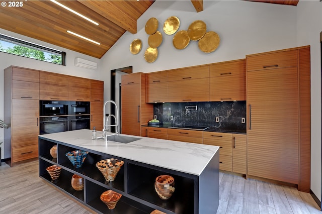 11440 NW Rock Creek Rd, Portland, OR 97231 - kitchen featuring open shelves, a wall mounted air conditioner, black electric cooktop, modern cabinets, and wooden ceiling with exposed beams