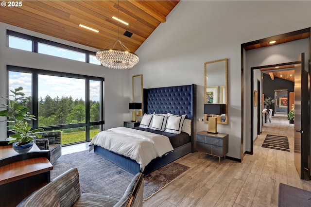 11440 NW Rock Creek Rd, Portland, OR 97231 - bedroom featuring a chandelier, wooden ceiling, high vaulted ceiling, and light wood-style floors
