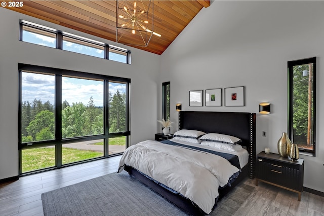 11440 NW Rock Creek Rd, Portland, OR 97231 - bedroom featuring wooden ceiling, a chandelier, high vaulted ceiling, and hardwood / wood-style floors