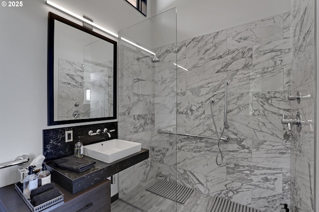11440 NW Rock Creek Rd, Portland, OR 97231 - full bath featuring a sink, a marble finish shower, and tasteful backsplash