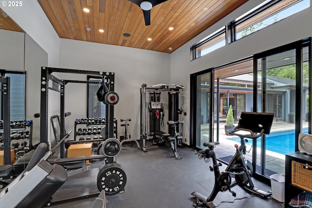 11440 NW Rock Creek Rd, Portland, OR 97231 - workout area featuring wooden ceiling and recessed lighting
