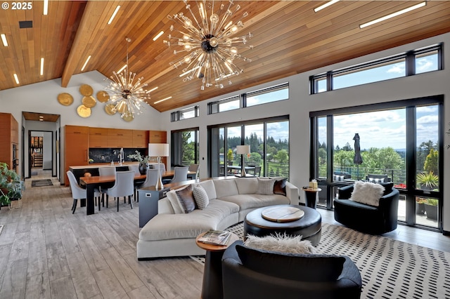 11440 NW Rock Creek Rd, Portland, OR 97231 - living area featuring a chandelier, high vaulted ceiling, light wood-type flooring, and wood ceiling with exposed beams