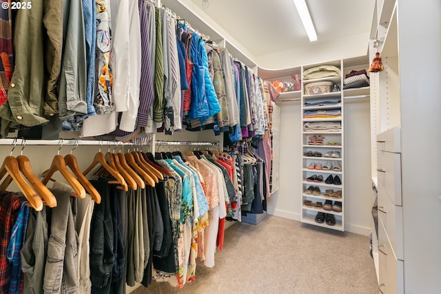 walk in closet featuring light colored carpet