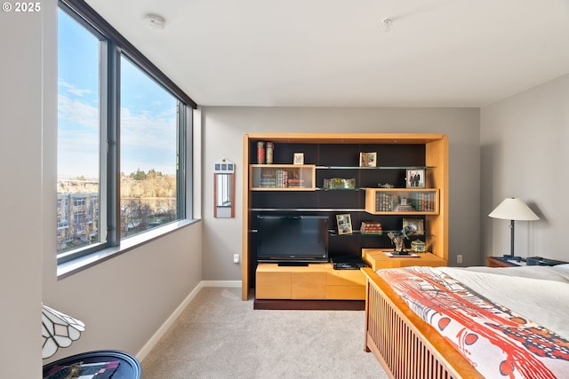 bedroom featuring light carpet and multiple windows