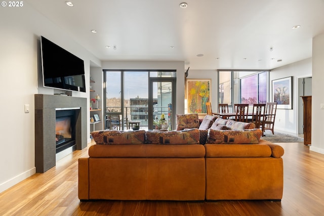 living room featuring a tile fireplace and light wood-type flooring