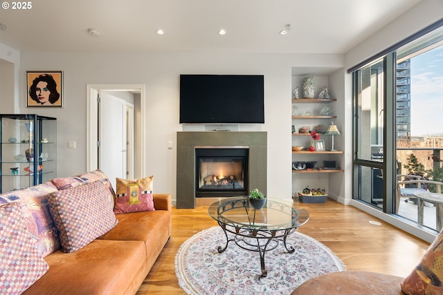 living room with built in shelves and light hardwood / wood-style floors