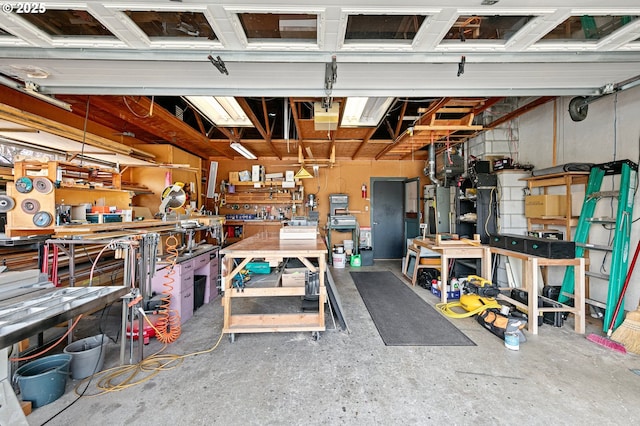 garage with a workshop area
