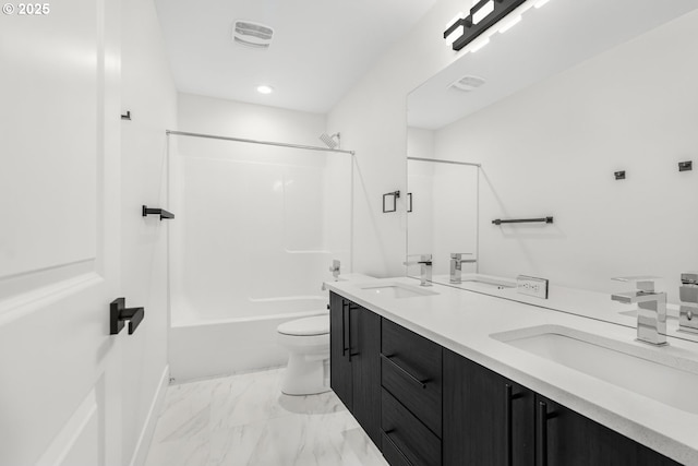 full bathroom with shower / bathtub combination, vanity, and toilet