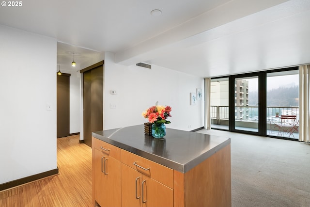 kitchen featuring a wall of windows and light hardwood / wood-style floors