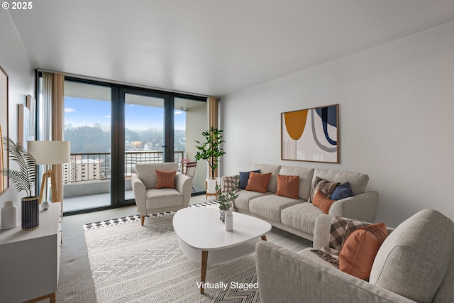 carpeted living room featuring a wall of windows