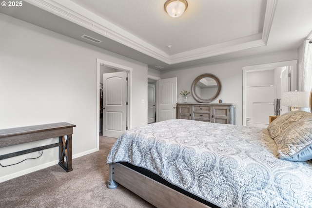 9414 NE 166th Ave, Vancouver, WA 98682 - bedroom featuring carpet, a raised ceiling, baseboards, ornamental molding, and ensuite bathroom