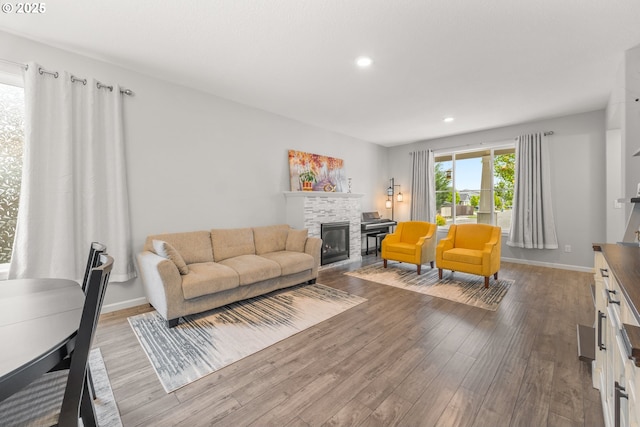 9414 NE 166th Ave, Vancouver, WA 98682 - living area with a glass covered fireplace, wood finished floors, recessed lighting, and baseboards