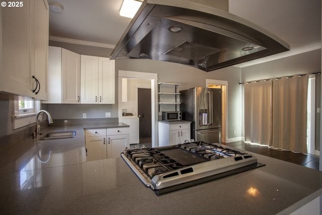kitchen featuring washer / dryer, stainless steel appliances, exhaust hood, a sink, and crown molding