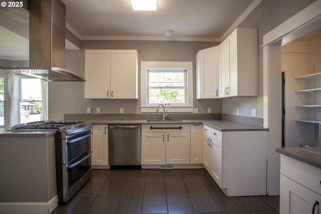 kitchen with appliances with stainless steel finishes, island range hood, a sink, white cabinetry, and crown molding