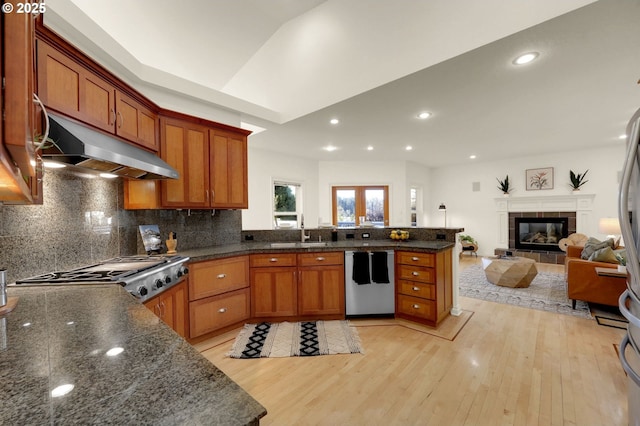 kitchen with a peninsula, under cabinet range hood, open floor plan, and dishwasher