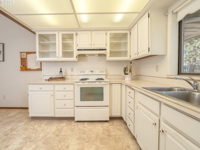 kitchen featuring sink and white electric range oven