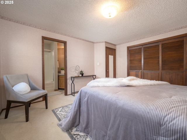 carpeted bedroom with a textured ceiling