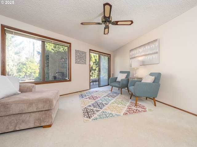 sitting room featuring plenty of natural light, light colored carpet, and a textured ceiling