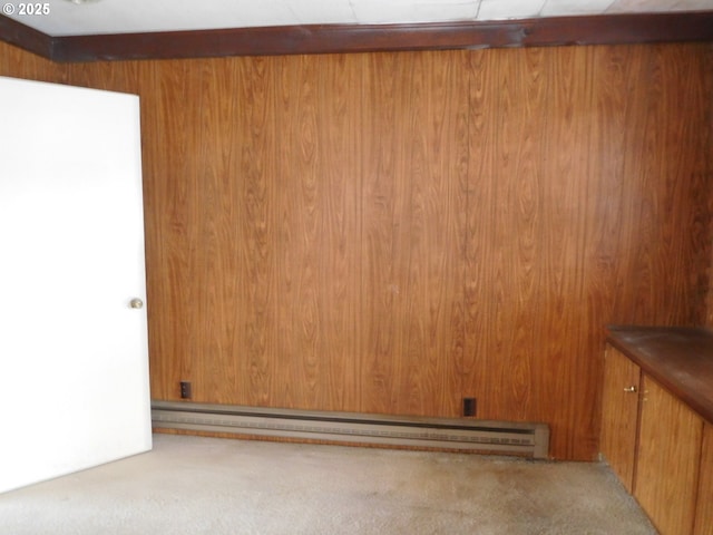 spare room with a baseboard radiator, wood walls, and carpet flooring