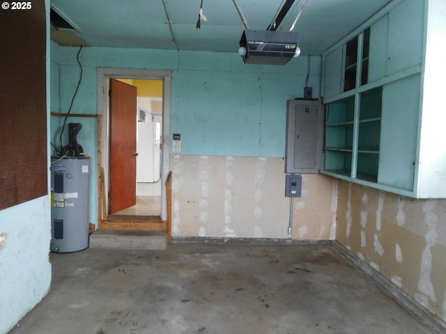 garage with water heater and white fridge