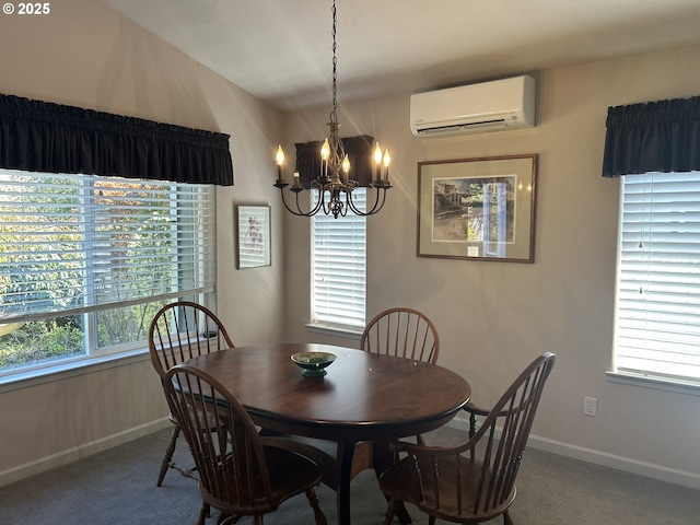carpeted dining area featuring baseboards, an inviting chandelier, a wall unit AC, and plenty of natural light