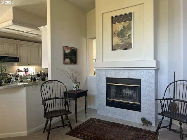 interior space with baseboards and a tiled fireplace
