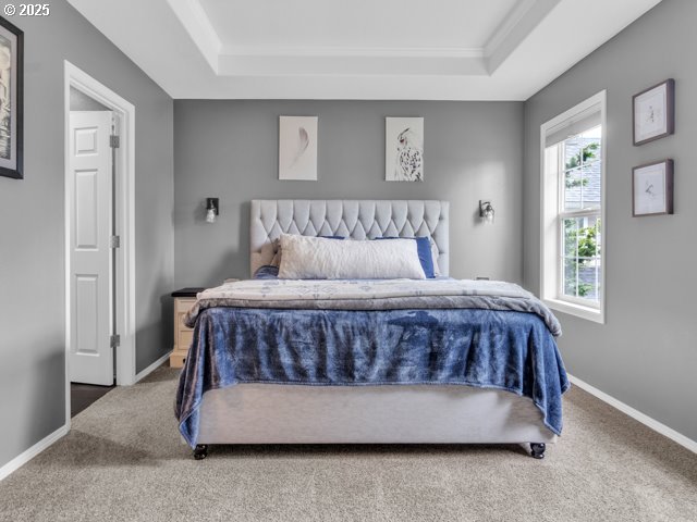 carpeted bedroom with a raised ceiling, baseboards, and crown molding