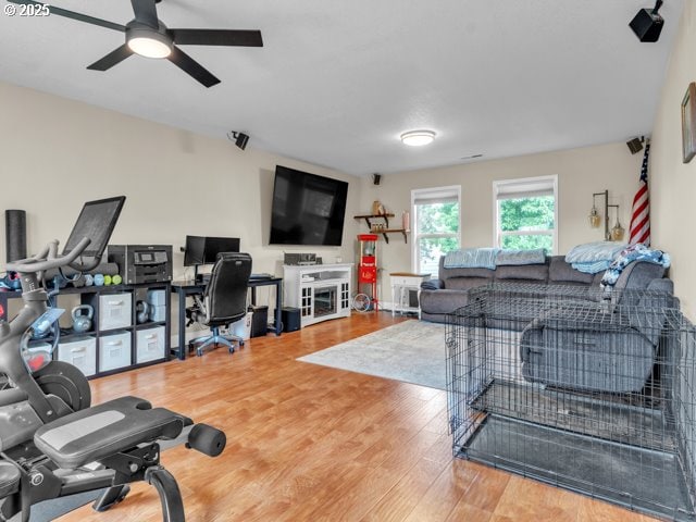 living room featuring a ceiling fan, wood finished floors, and a desk