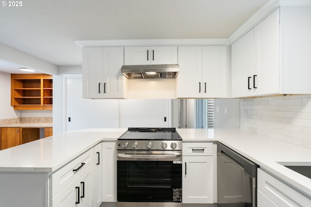 kitchen featuring kitchen peninsula, white cabinetry, and stainless steel appliances