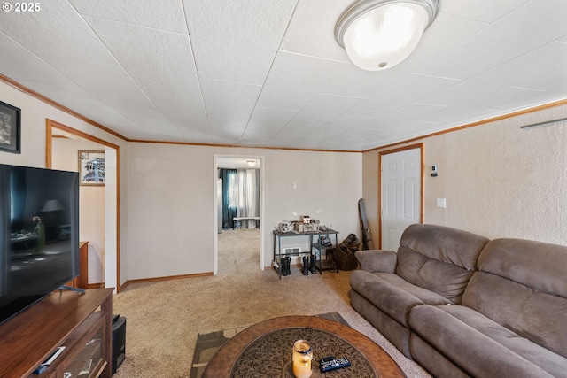 carpeted living area with crown molding