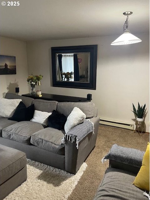 living room with a baseboard radiator and carpet flooring