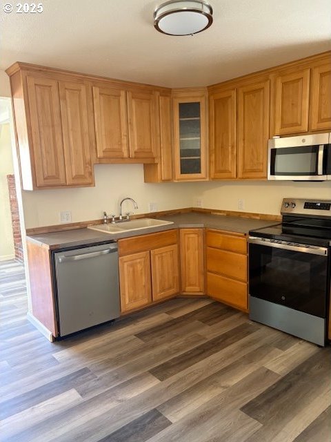 kitchen featuring brown cabinetry, appliances with stainless steel finishes, wood finished floors, a sink, and glass insert cabinets