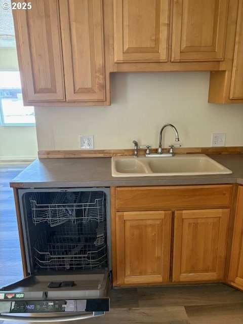kitchen with wood finished floors, a sink, and dishwasher