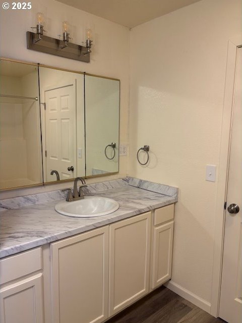 bathroom with baseboards, wood finished floors, and vanity