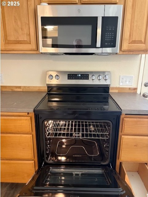 interior details with light countertops, appliances with stainless steel finishes, and light brown cabinets