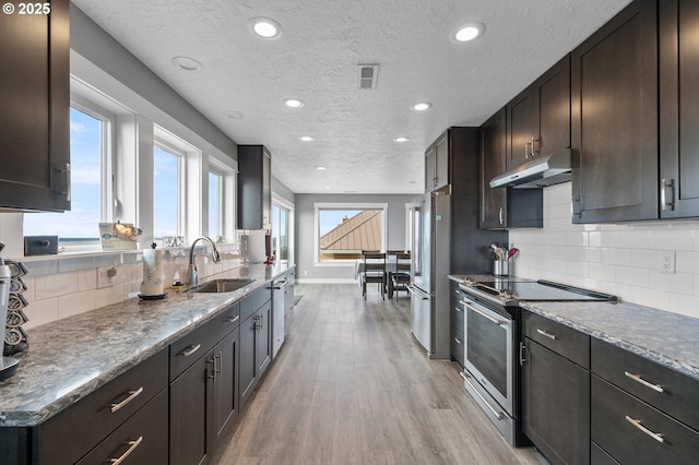 kitchen with light wood-style floors, stainless steel appliances, dark brown cabinets, under cabinet range hood, and a sink