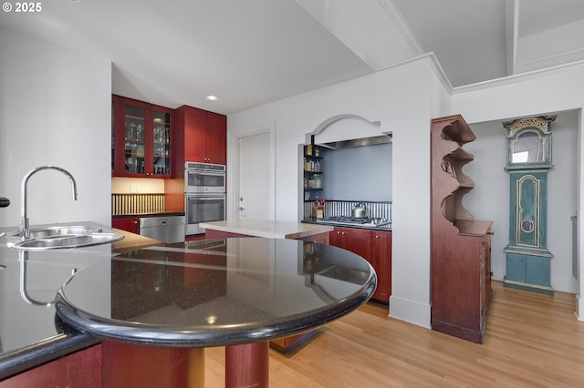 kitchen with sink, appliances with stainless steel finishes, a center island, and light hardwood / wood-style flooring