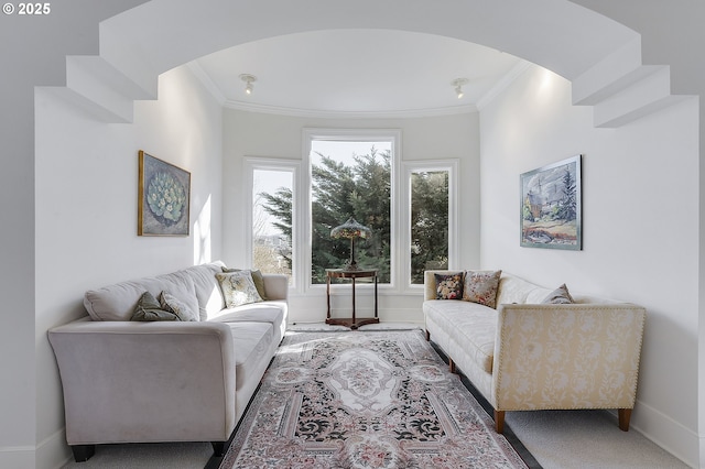 living room with crown molding