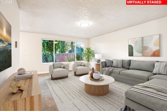 2380 NE Rene Ave, Gresham, OR 97030 - carpeted living area with a textured ceiling and baseboards