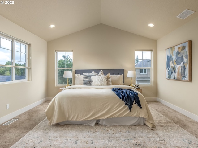 14420 SW Equestrian Ln, Beaverton, OR 97008 - carpeted bedroom with lofted ceiling, baseboards, recessed lighting, and multiple windows