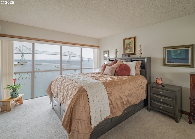 1 3rd St, Astoria, OR 97103 - bedroom featuring light colored carpet, a water view, access to outside, and a textured ceiling