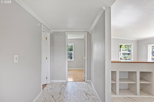 32791 E Lincoln Way, Coburg, OR 97408 - hallway with marble finish floors, ornamental molding, baseboards, and healthy amount of natural light
