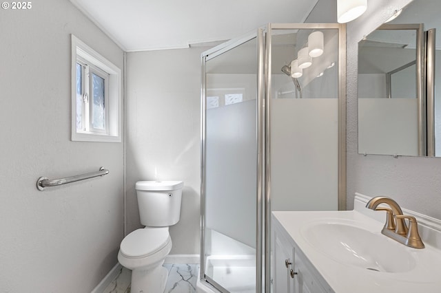 32791 E Lincoln Way, Coburg, OR 97408 - bathroom featuring toilet, vanity, a shower stall, marble look tiles, and baseboards