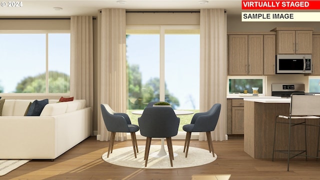 dining space featuring light wood finished floors