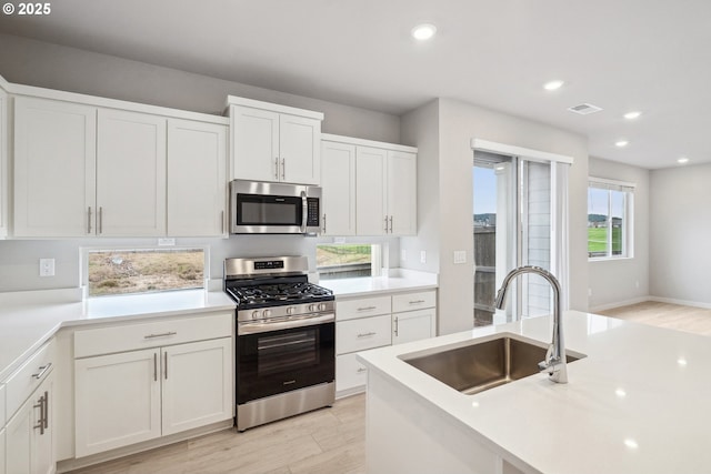 kitchen with visible vents, light wood-style flooring, a sink, stainless steel appliances, and white cabinets